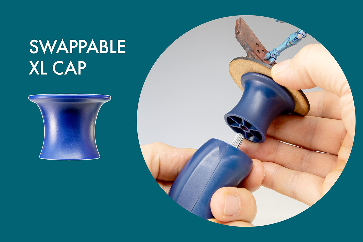 Miniature holder: a painting handle featuring swappable, interchangeable caps.